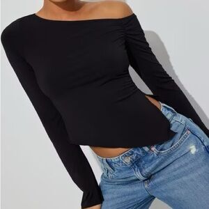 Garage Off Shoulder Asymmetrical Long Sleeve Top